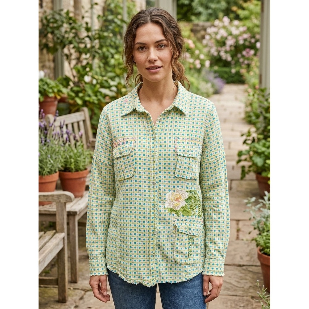 Yellowfield Button Up Womens Size L Embroidered Floral Green Silk Boho Cottage